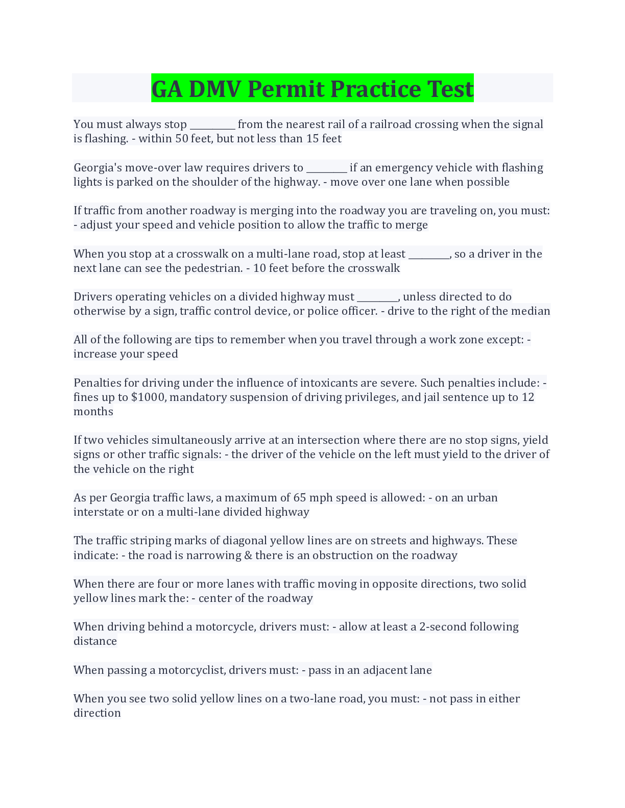 Georgia dmv permit practice test 2024